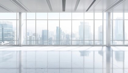 Spacious empty office room with city skyline view through large windows