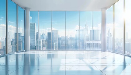 Fototapeta premium Modern empty office room with glass windows and cityscape view