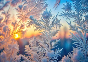 Delicate frost patterns adorn the windowpane, resembling intricate lace, against a soft morning sky with hues of serene blue and gentle pink.