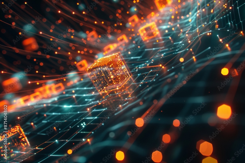 Poster a dynamic wireframe visualization of network traffic, data packets represented by small, glowing cub