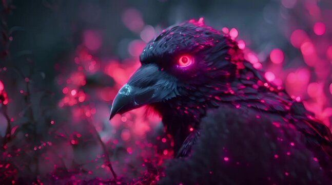 a raven with purple eyes and light surrounding it