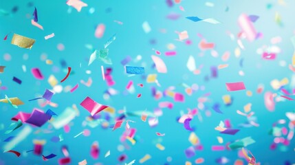 Fototapeta premium Colorful confetti pieces falling against a bright blue background, creating a festive and joyful atmosphere.
