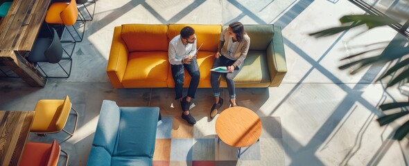 Aerial view of two business people having a meeting in a modern office lounge
