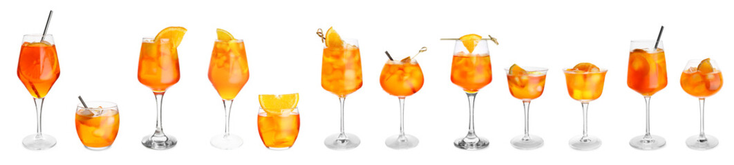 Set of Aperol spritz cocktail on white background