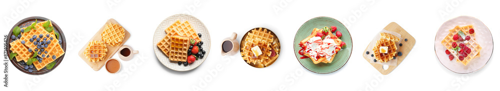 Sticker Set of tasty Belgian Waffles with fruits and berries on white background, top view