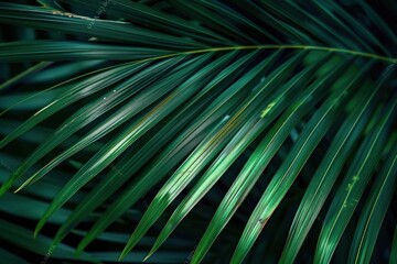 Close-up of overlapping green palm fronds with detailed texture, highlighting vibrant foliage in natural light.