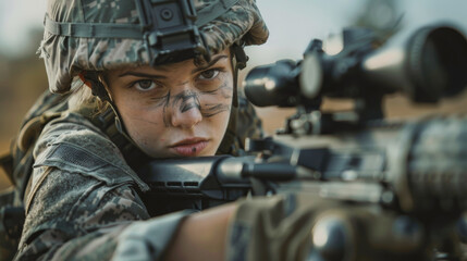 Fototapeta premium A woman in a military uniform is holding a rifle and looking at the camera