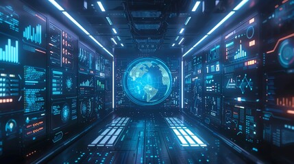 A futuristic command center with digital screens displaying global data insights, surrounded by blue neon lights.