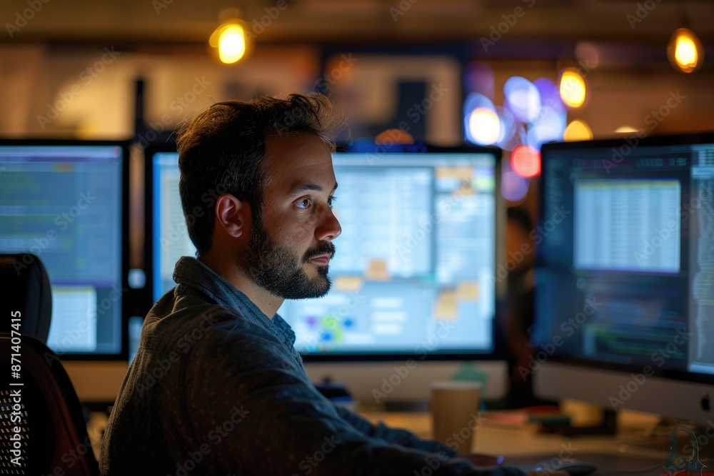 Poster in a modern office, a young coder is intensely focused on coding, with multiple screens in front of 