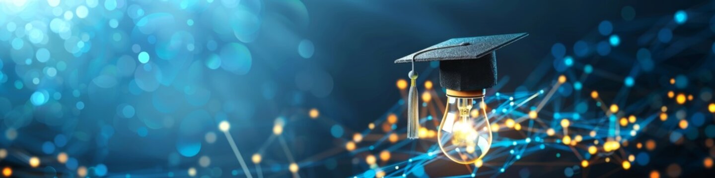 Future Smart Education AI-Generated Image with Graduation Cap and Blue Background Light Bulb. Celebrating Graduation Season, University, Knowledge Power, Scientific Research, Educational Books, Studen