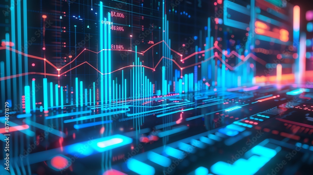 Poster futuristic digital data visualization with colorful bar and line charts, representing financial anal