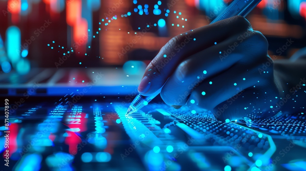 Aufkleber futuristic digital hand writing on virtual transparent keyboard with vibrant lights signifying innov