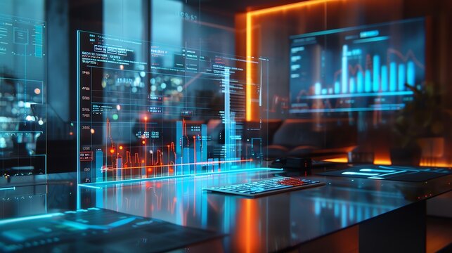 Futuristic office with digital graphs and data visualization on transparent screens, illuminated by blue and orange lighting elements.