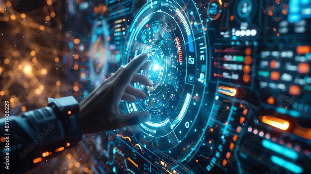 Aufkleber hand interacting with futuristic holographic interface. concept of technology, innovation, and digit