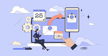 Automated email marketing solutions to send message tiny neubrutalism concept. Scheduled mail letter sending with promotion offers or commercial information for business customers vector illustration