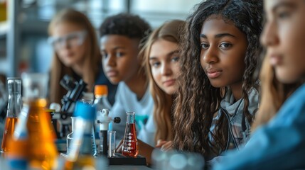 A diverse group of students in a science classroom with lab equipment, engaged and ready to learn. Focus on teamwork and education.