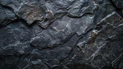 Black white stone texture. Rock surface. Close-up. Like a old rough concrete wall. Dark gray grunge background with space for design. Template. Backdrop. Wide banner.