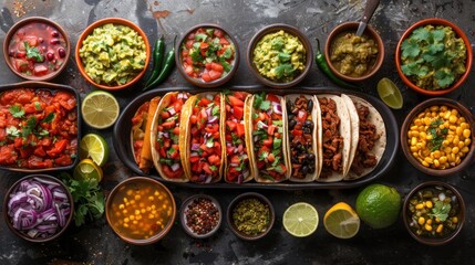 Design a blank with traditional Mexican cuisine laid out: tacos, tamales, guacamole, and refreshing agua fresca.