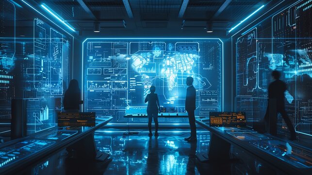 High-tech command center with people interacting with futuristic digital displays and holograms, showcasing advanced technology.