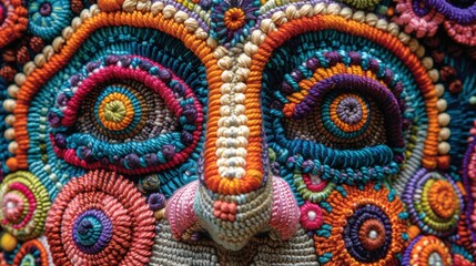 Illustrate a blank with intricate Huichol yarn art, depicting mystical creatures and colorful geometric patterns.