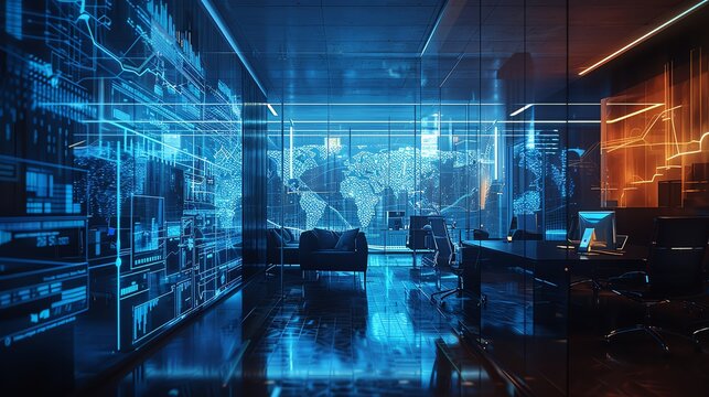 Modern office with digital data interfaces and world map. High-tech workspace featuring advanced technology and data analytics.