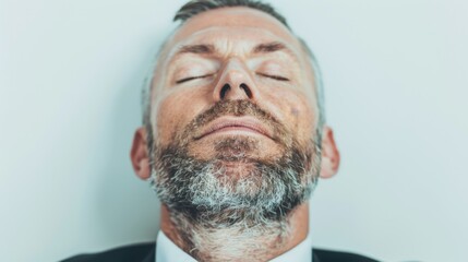 Fototapeta premium Peaceful businessman practicing deep breathing on white background