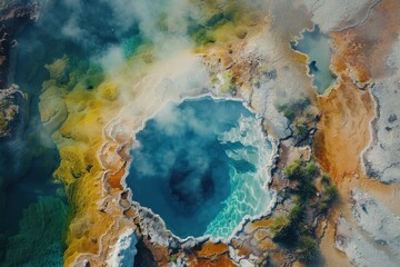Aerial view of a geothermal landscape, colorful hot springs, steaming geysers, and rugged rock formations