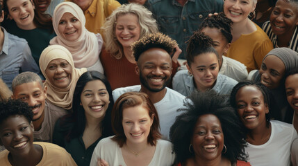 Obraz premium A diverse group of people smiles brightly, capturing a moment of unity, joy, and togetherness in a vibrant community gathering.