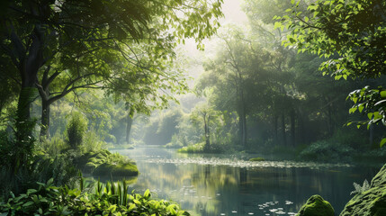 Fototapeta premium Sunlight filters through the dense canopy of a lush green forest, illuminating a tranquil pond surrounded by verdant foliage and peaceful waters.