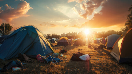 A dramatic sunset casts warm hues over a bustling campsite, evoking the camaraderie and rustic charm of outdoor living.