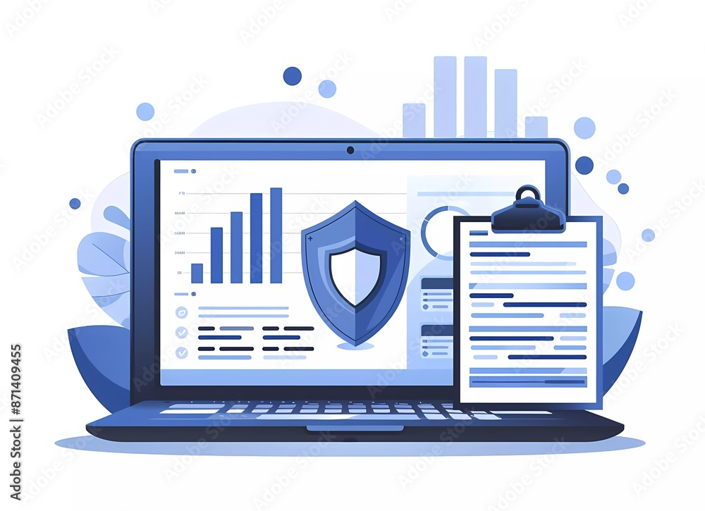 Poster flat vector illustration of an open laptop with a security shield and financial charts on the screen