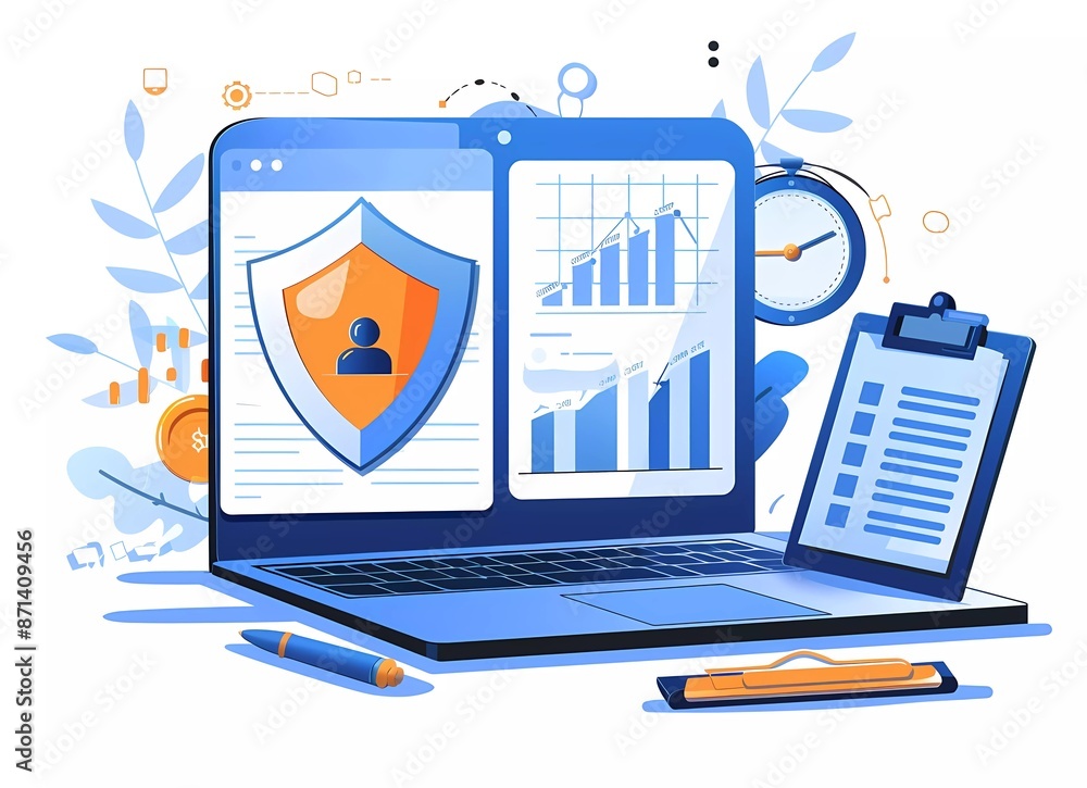 Poster flat vector illustration of an open laptop with a security shield and financial charts on the screen
