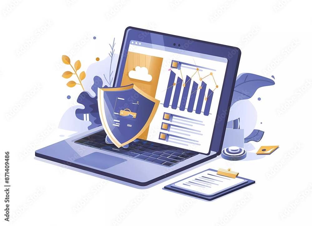 Poster flat vector illustration of an open laptop with a security shield and financial charts on the screen