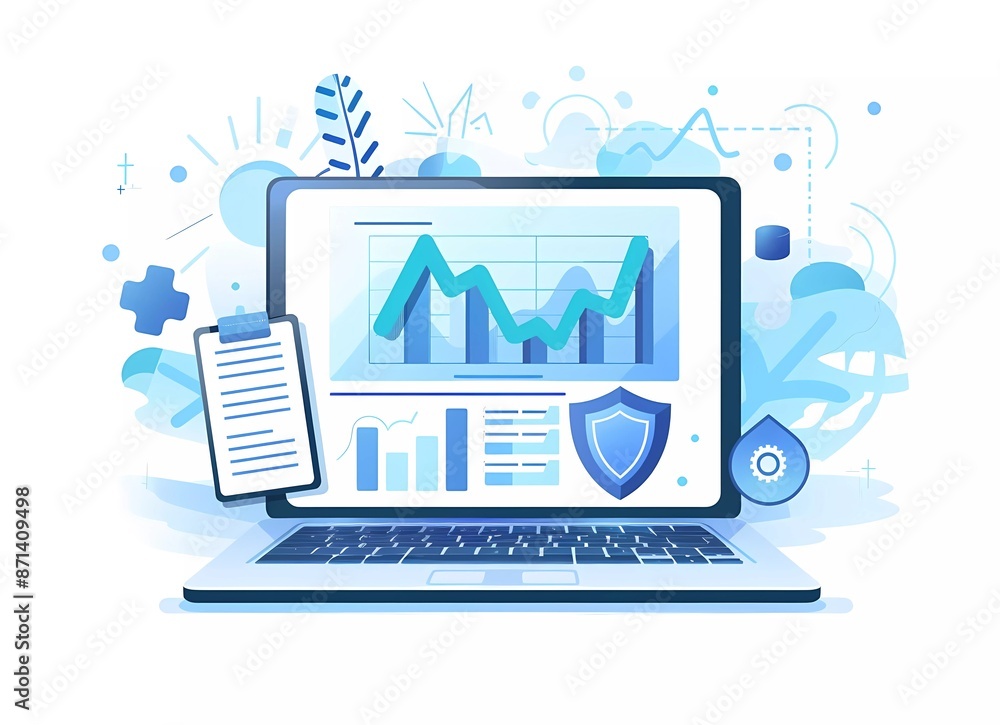 Poster flat vector illustration of an open laptop with a security shield and financial charts on the screen
