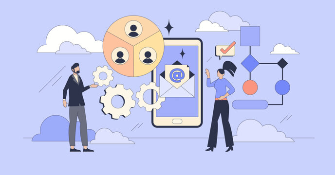 Automated business email marketing solutions tiny person neubrutalism concept. Effective communication with large customer groups using mail service automation to send offers vector illustration.