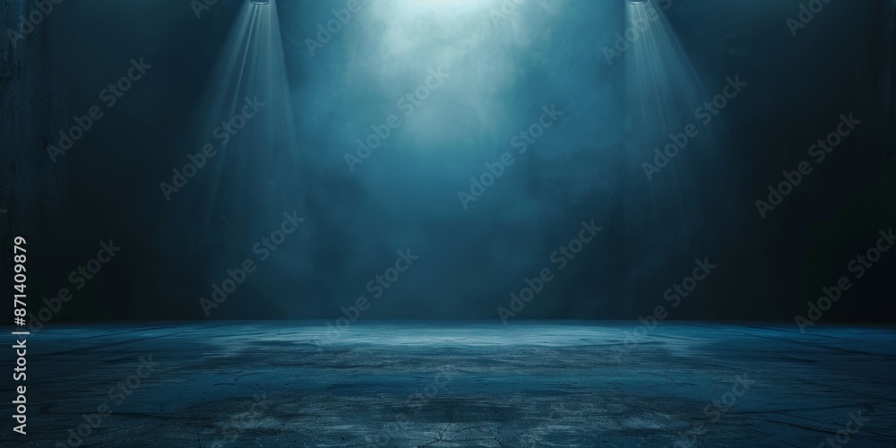 Poster empty scene with glowing green and blue smoke environment atmosphere reflect on floor. fashion vibra
