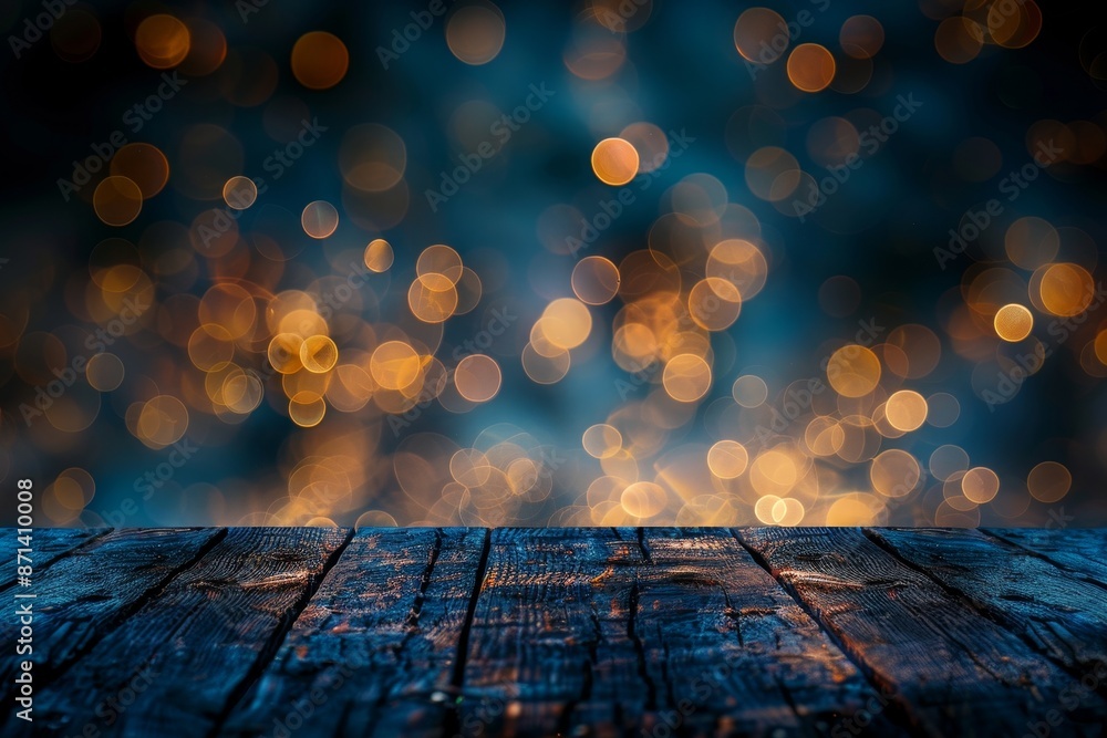 Poster empty brown wooden floor or wood board table with blurred abstract night light bokeh background, copy space for display of product or object presentation