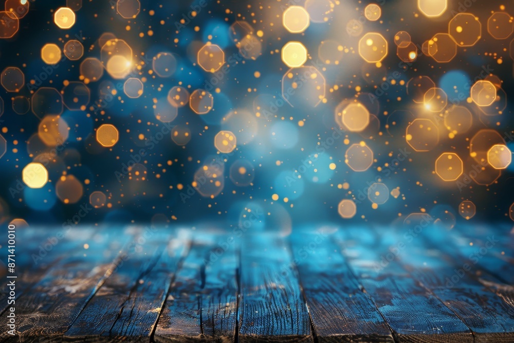 Poster empty brown wooden floor or wood board table with blurred abstract night light bokeh background, copy space for display of product or object presentation