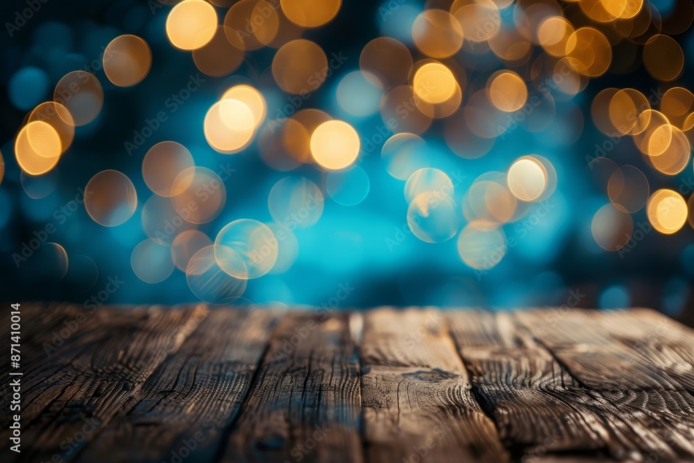 Poster empty brown wooden floor or wood board table with blurred abstract night light bokeh background, copy space for display of product or object presentation