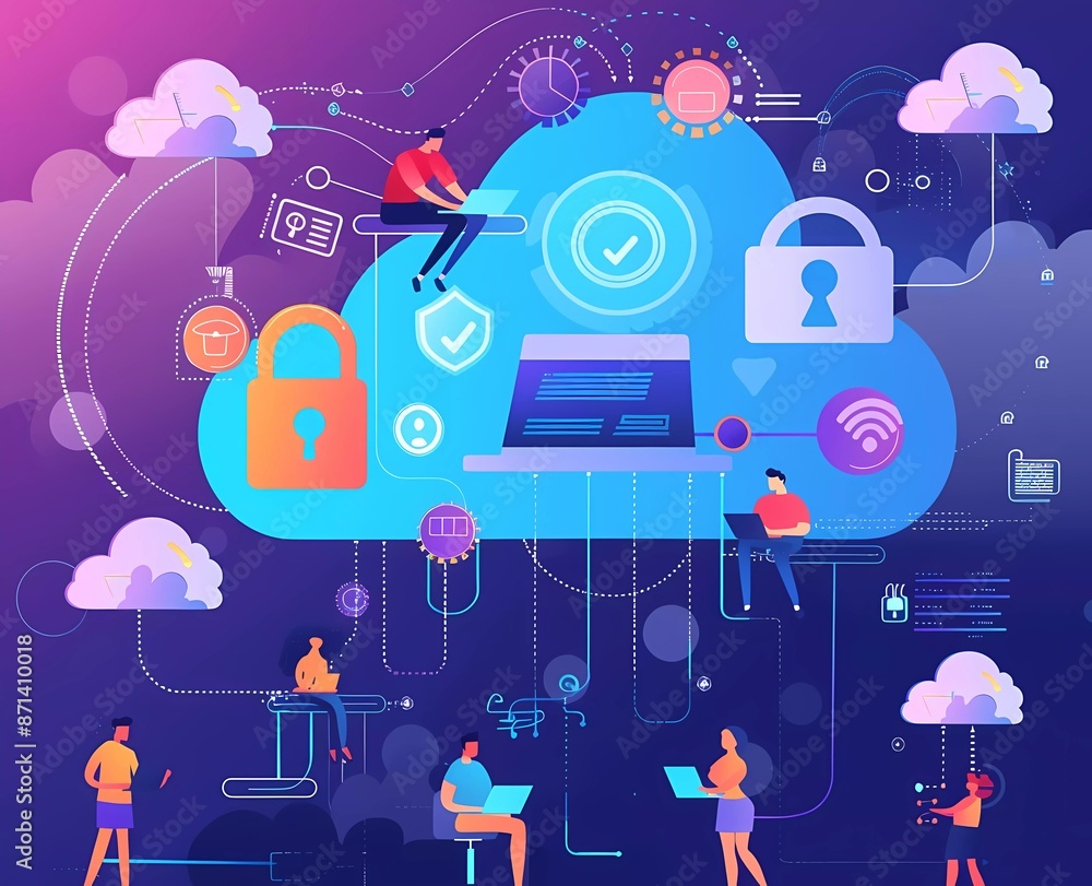 Aufkleber flat design vector illustration of people working on clouds with security lock and data transfer ico