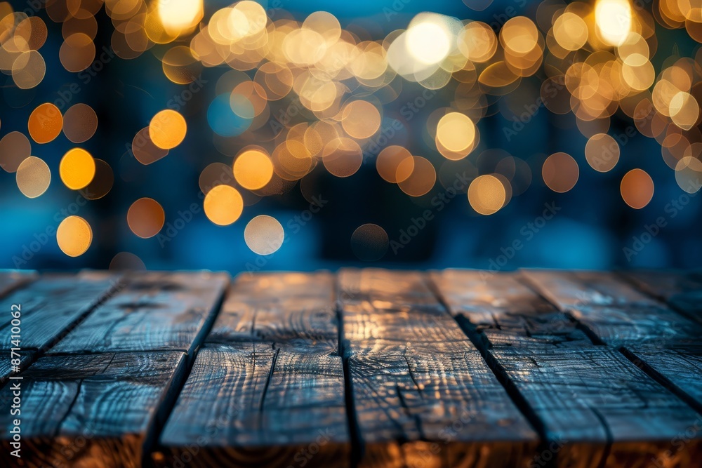 Poster empty brown wooden floor or wood board table with blurred abstract night light bokeh background, copy space for display of product or object presentation