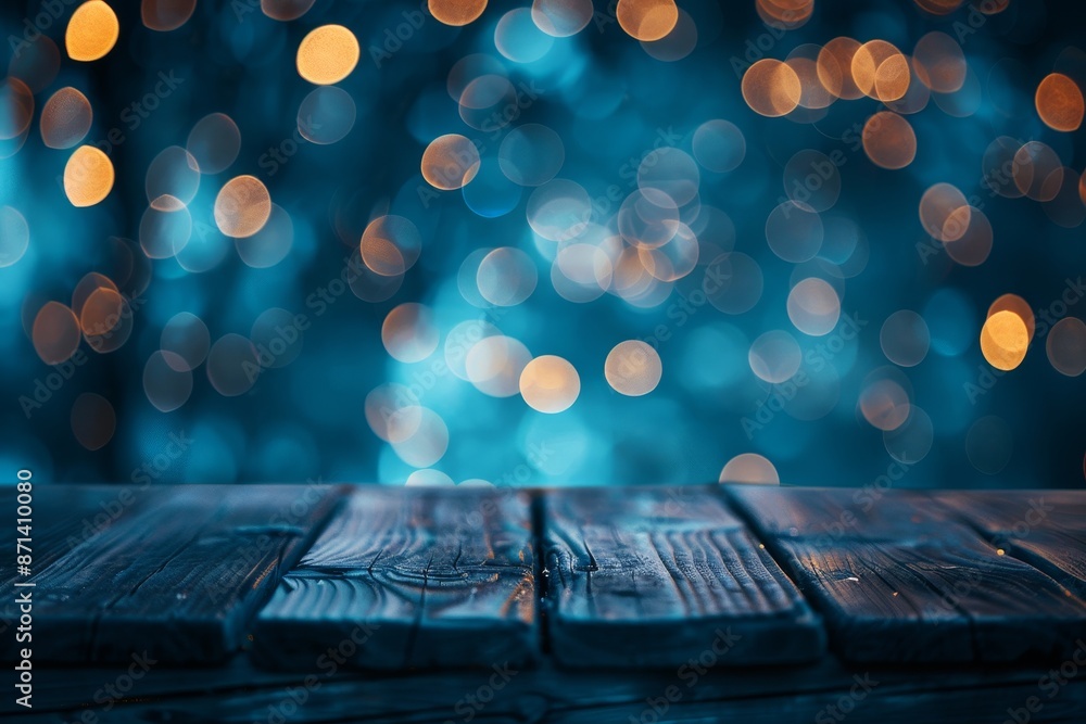 Poster empty brown wooden floor or wood board table with blurred abstract night light bokeh background, copy space for display of product or object presentation