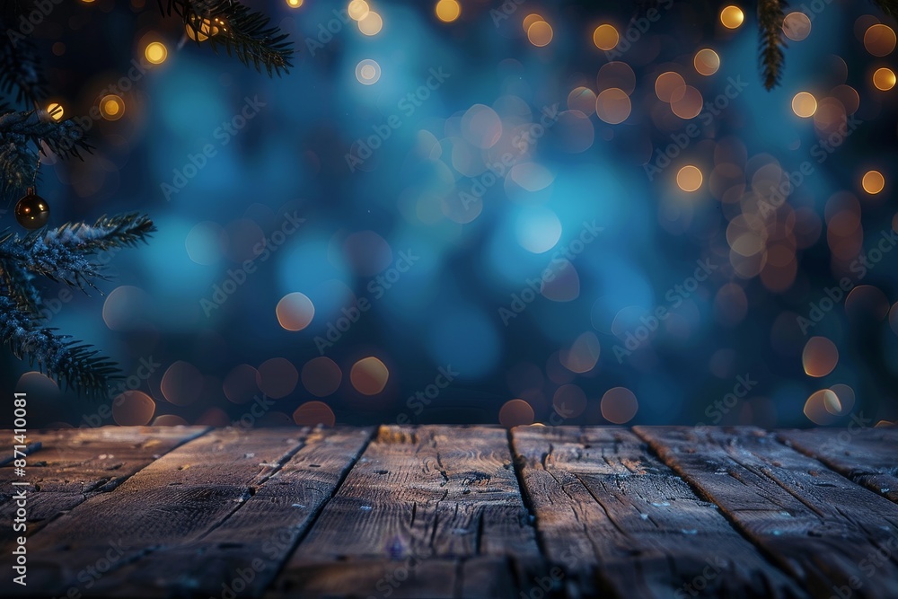 Poster empty brown wooden floor or wood board table with blurred abstract night light bokeh background, copy space for display of product or object presentation