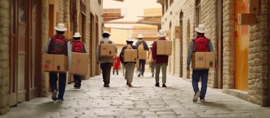 Obraz premium delivery workers in hats walking carrying cardboard packages and talking on cell phones