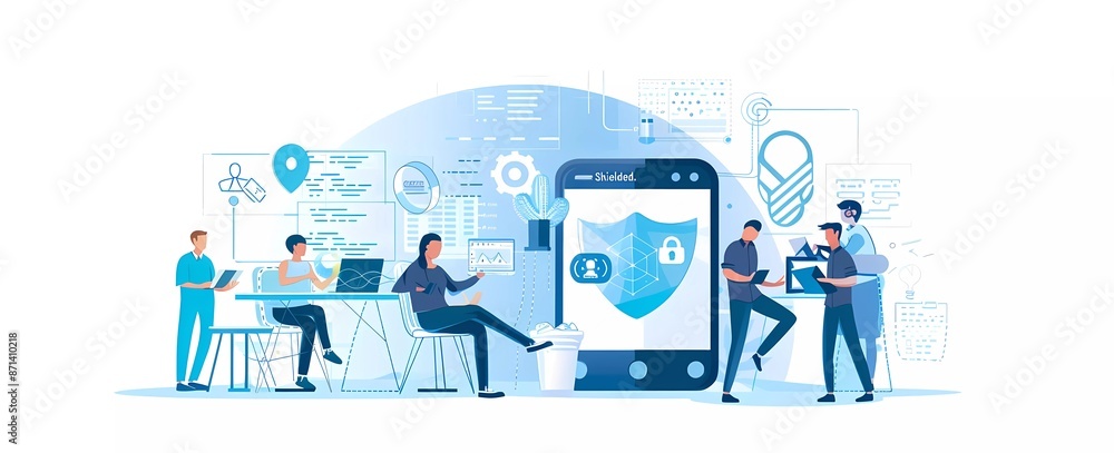 Aufkleber flat vector illustration of data security concept with people using online systems