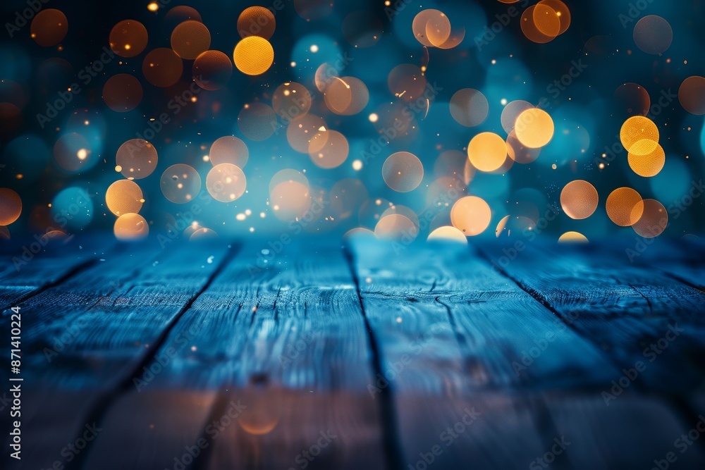 Poster empty brown wooden floor or wood board table with blurred abstract night light bokeh background, copy space for display of product or object presentation