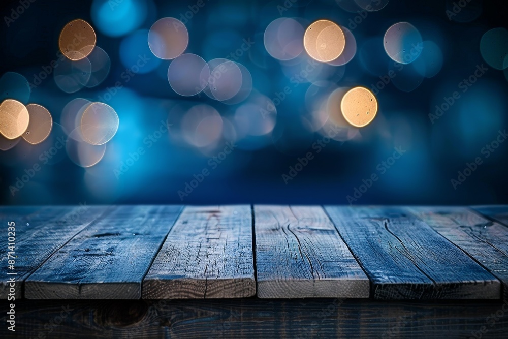 Poster empty brown wooden floor or wood board table with blurred abstract night light bokeh background, copy space for display of product or object presentation
