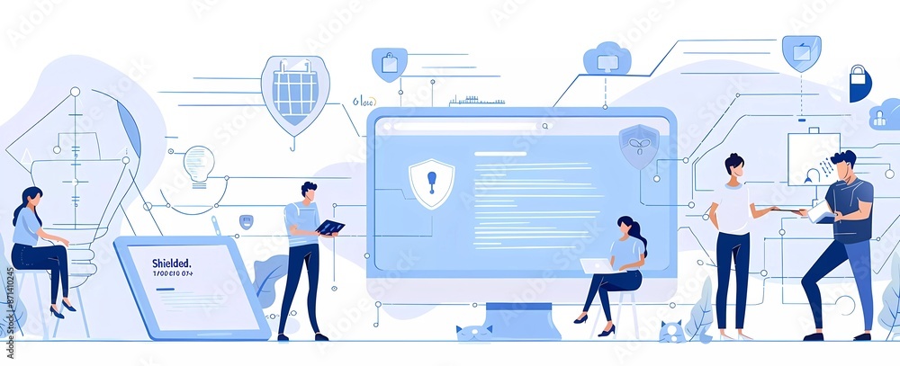 Poster flat vector illustration of data security concept with people using online systems