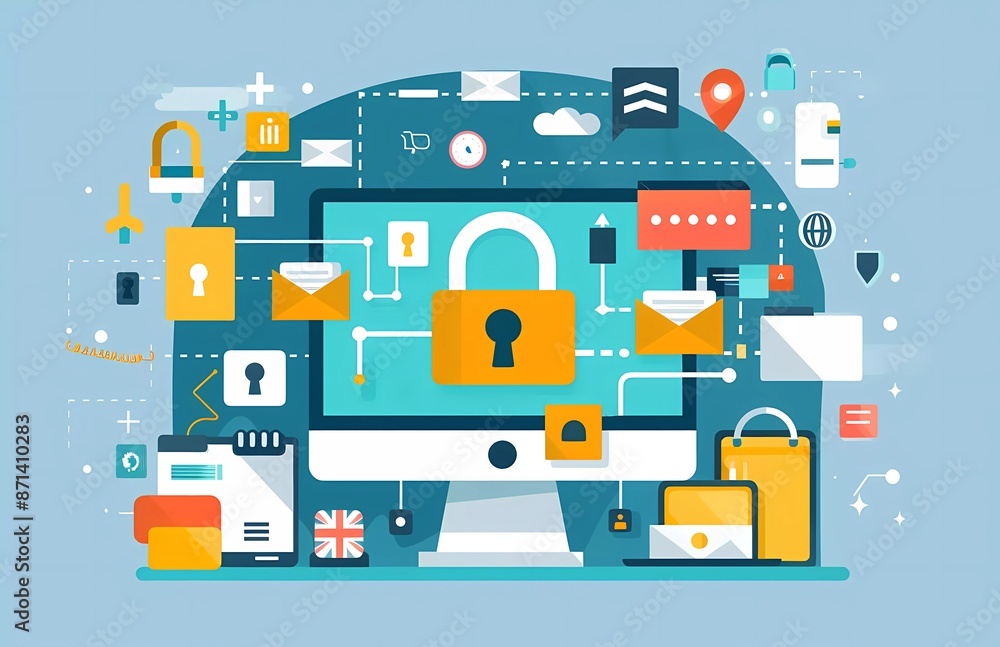 Poster flat vector illustration of digital security, showing a computer screen with padlock and file icons 
