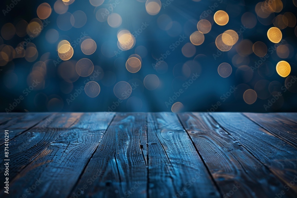 Poster empty brown wooden floor or wood board table with blurred abstract night light bokeh background, copy space for display of product or object presentation